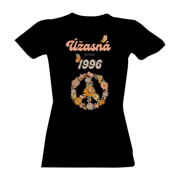 Tričko s potiskem Úžasná od roku 1996 boho motýlci a znak míru